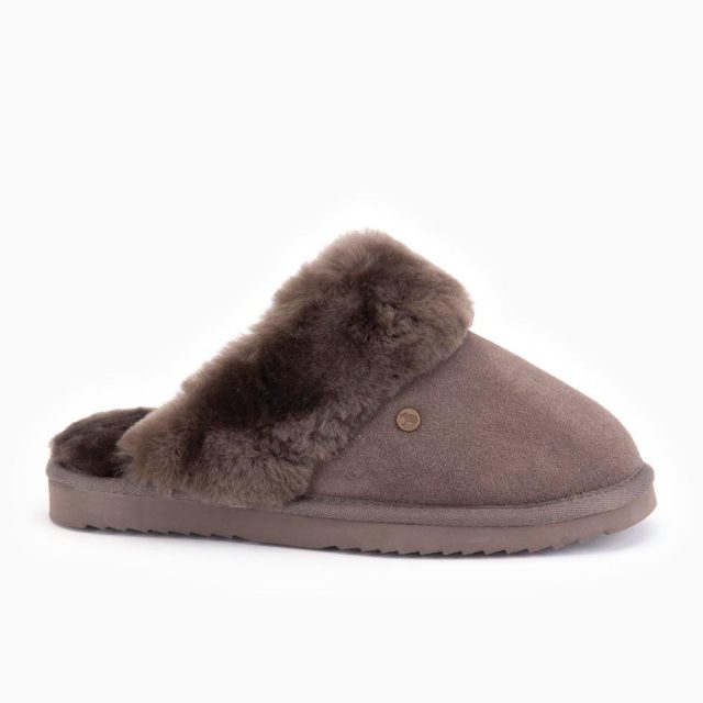 Taupe schapenvacht dames pantoffel Warmbat