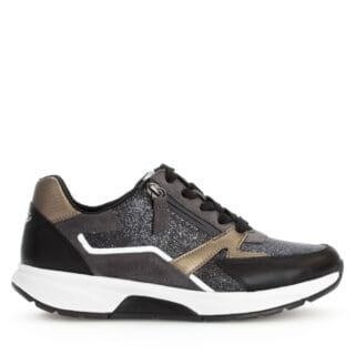Zwart/grijze Gabor Rollingsoft sneaker 76.878.89 met metallic accenten, buitenrits, uitneembaar voetbed en afwikkelzool