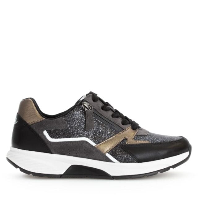 Zwart/grijze Gabor Rollingsoft sneaker 76.878.89 met metallic accenten, buitenrits, uitneembaar voetbed en afwikkelzool