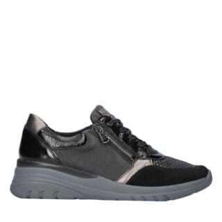 Afbeelding van zwarte Waldläufer sneaker, model 957H02 701 768, met stretchmateriaal voor hallux valgus en uitneembaar voetbed