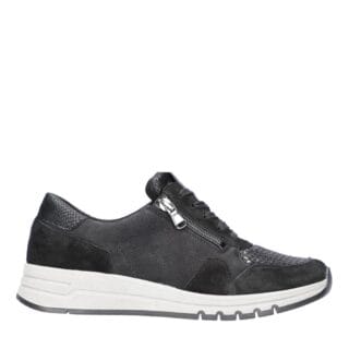 Afbeelding van zwarte Waldläufer sneaker, model 957H02 701 768, met stretchmateriaal, witte zool en uitneembaar voetbed