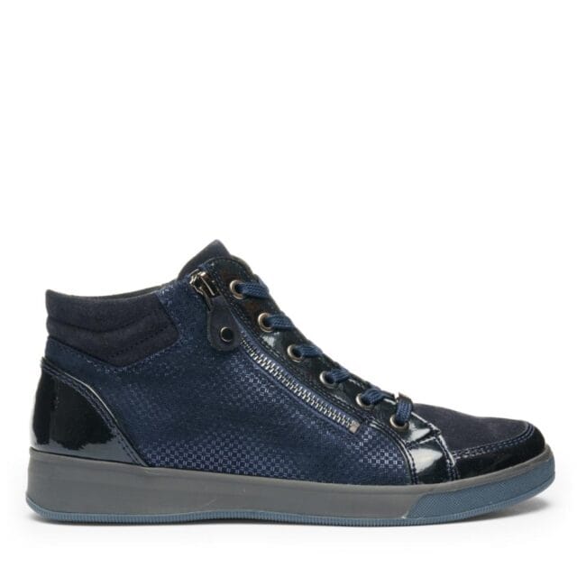 Donkerblauwe hoge dames sneaker van Ara met lak, suède en rits aan de buitenkant
